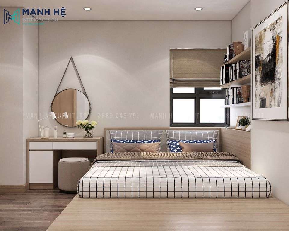Thiết kế nội thất chung cư 45m2 với không gian phòng ngủ hiện đại đơn giản nhưng tích hợp bục lưu trữ tiện dụng