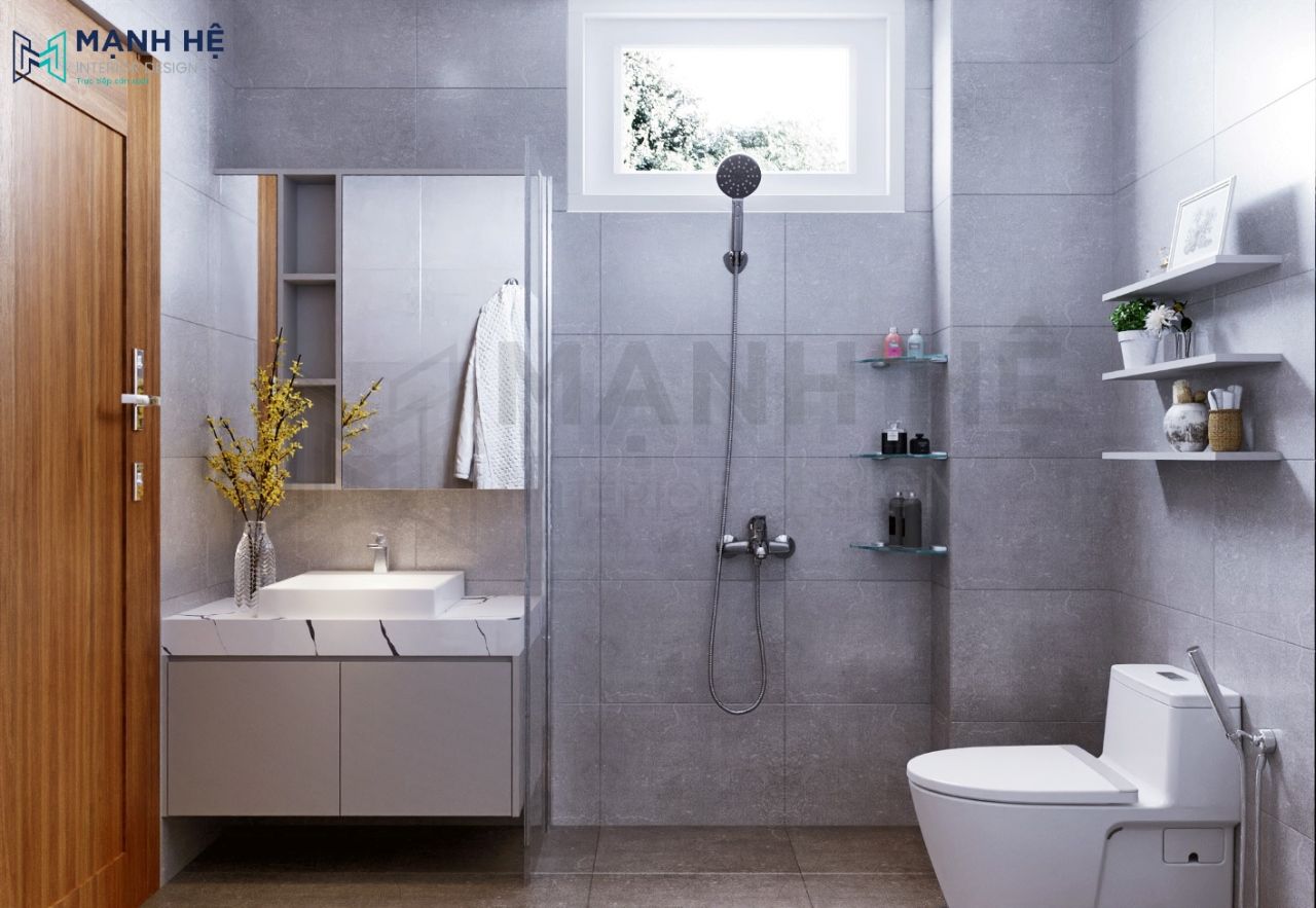 Thiết kế nội thất phòng tắm chung cư 45m2 ốp gạch toàn bộ tăng độ bền cho gia chủ sử dụng