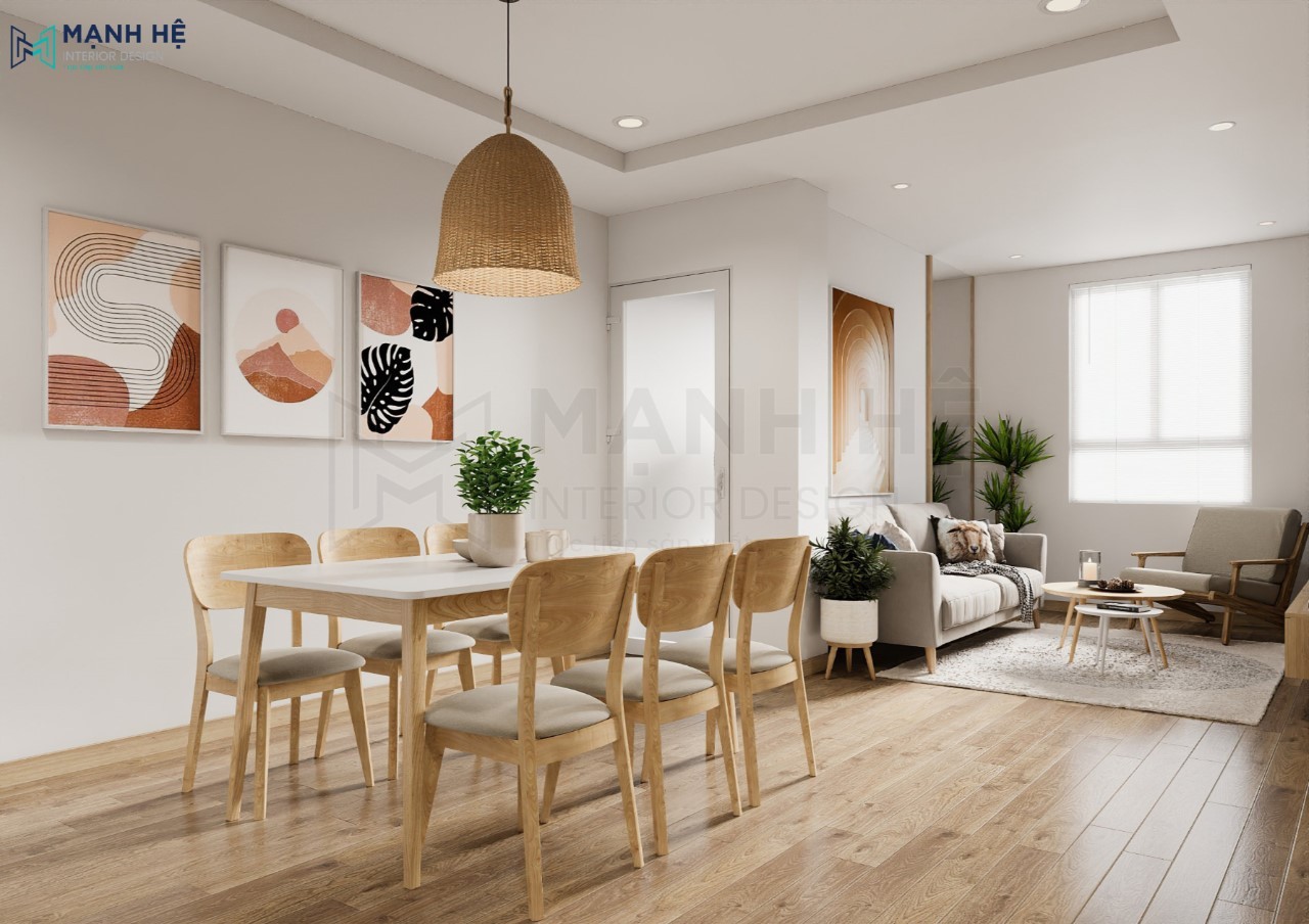 Thiết kê nội thất chung cư với không gian bếp mở liền phòng khách sử dụng bàn ăn ngăn không gian tối ưu diện tích