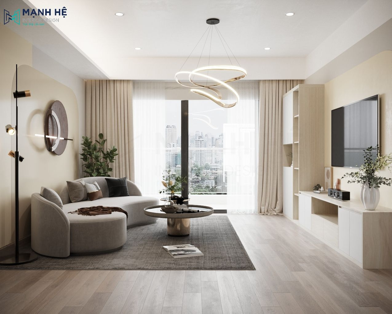 Thiết kế nội thất phòng khách hiện đại với tông màu trắng chủ đạo điểm tô vào đó là hình tròn với màu sơn nhẹ nhàng