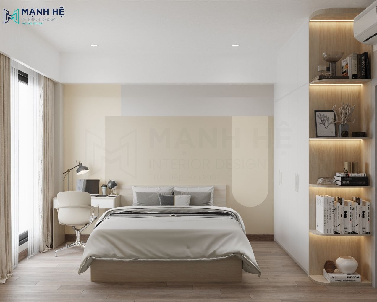 Thiết kế phòng ngủ chung cư 50m2 với tông màu gỗ hiện đại sang trọng