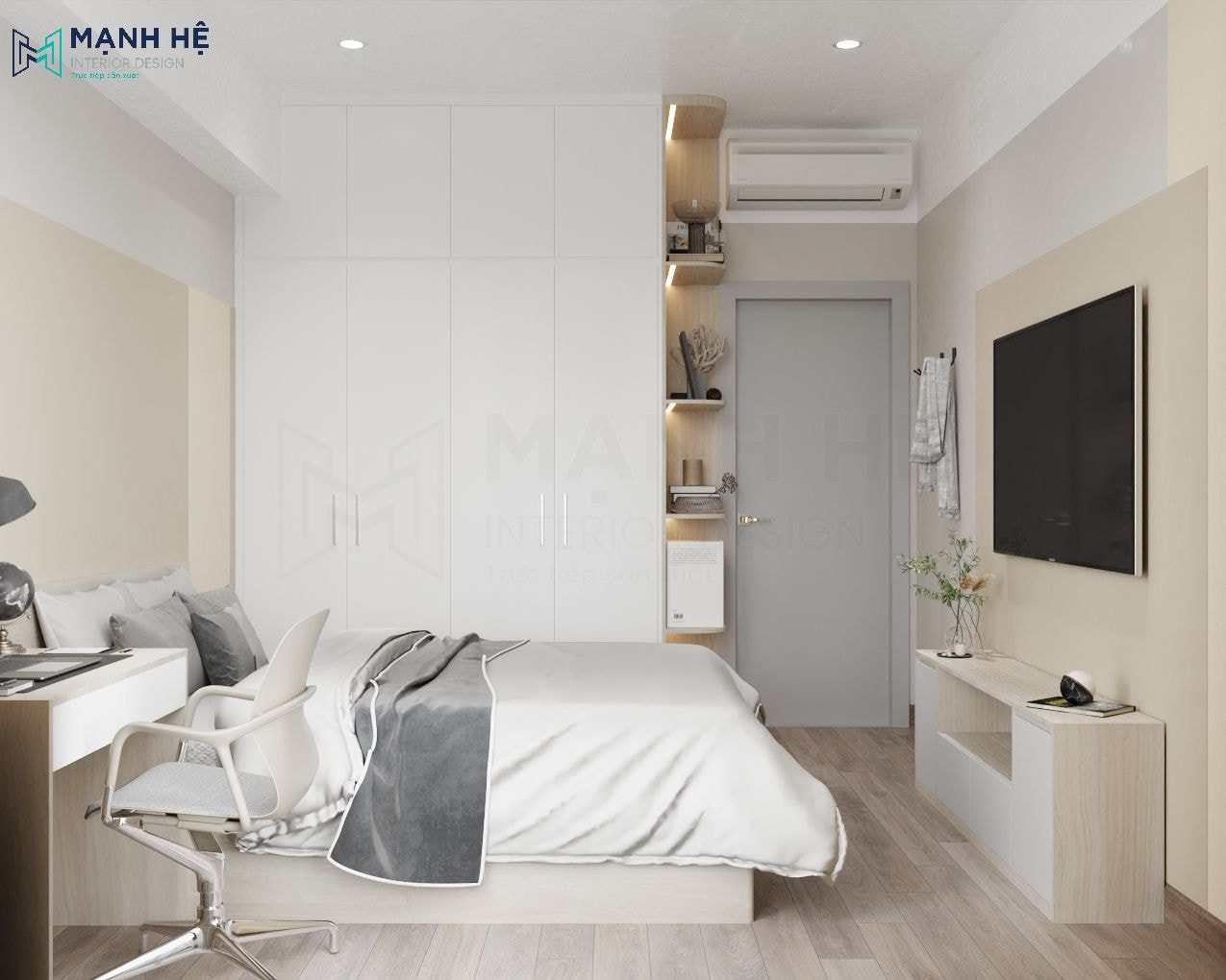 Thiết kế phòng ngủ nhỏ với tủ quần áo gỗ công nghiệp cao đụng trần tối ưu không gian lưu trữ