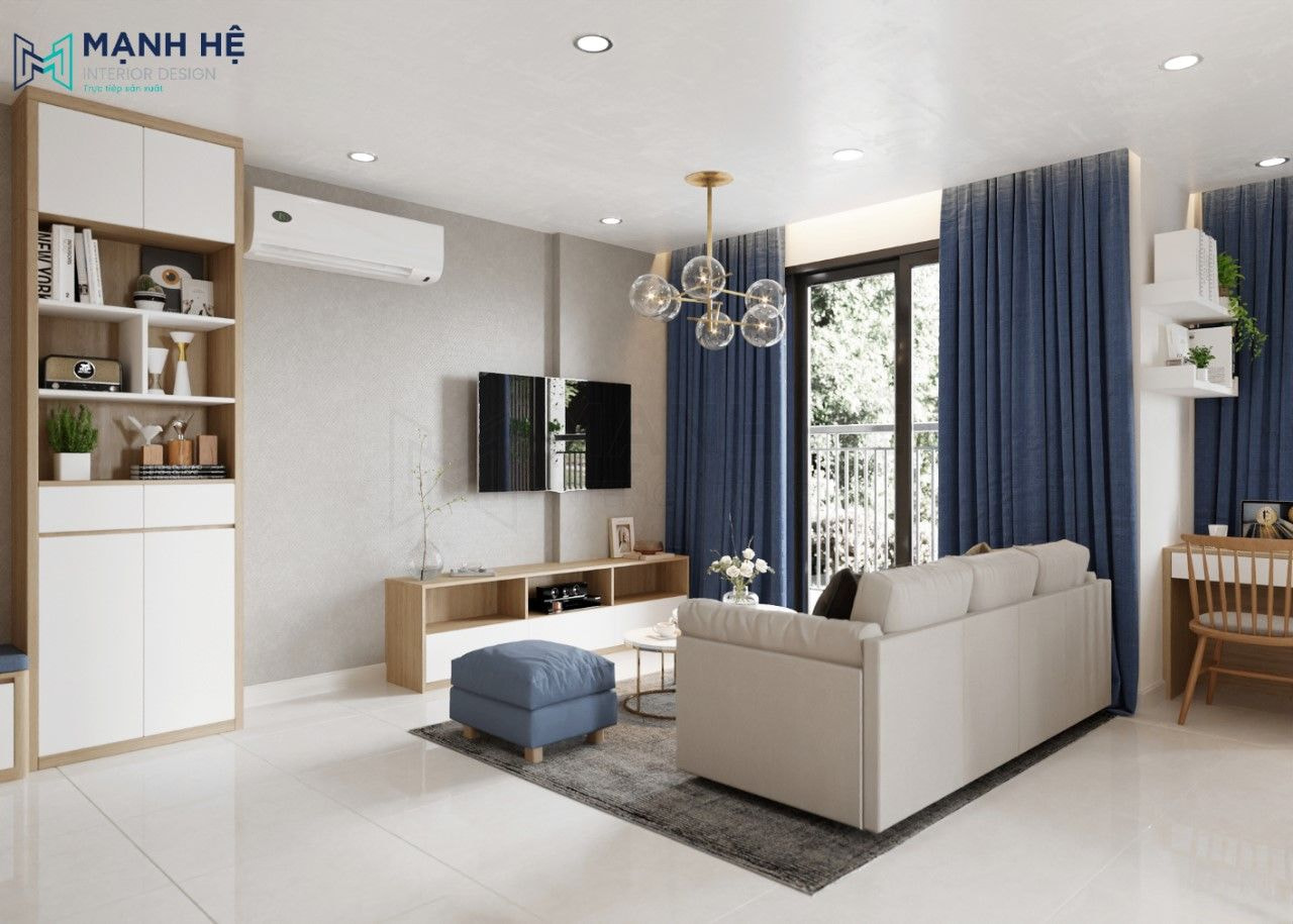 Phòng khách chung cư 58m2 phong cách đơn giản nhẹ nhàng