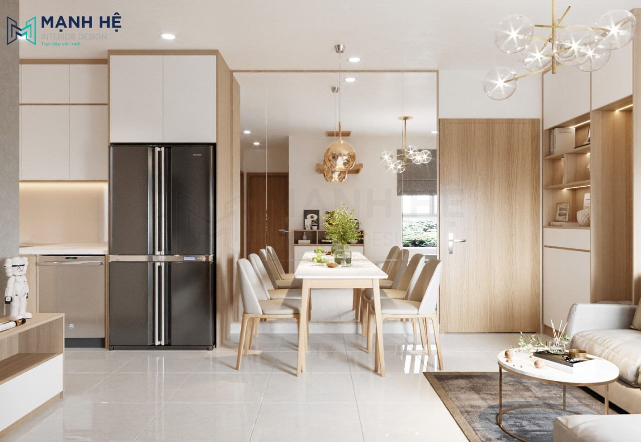 Thiết kế phòng khách liền bếp cho căn hộ 58m2 giúp tối ưu diện tích