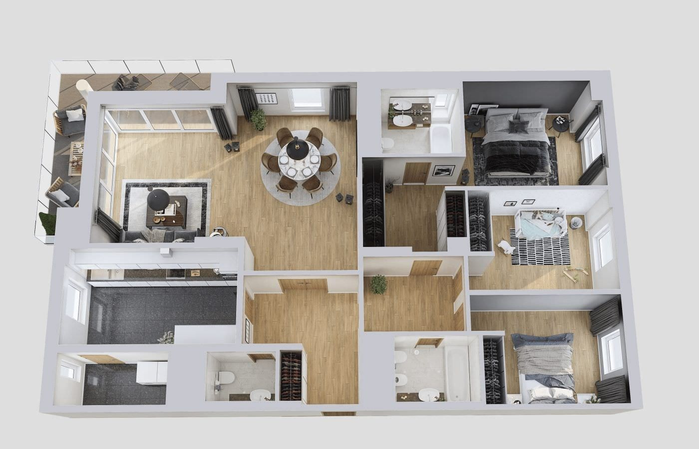 Bản vẽ 3D thiết kế nội thất căn hộ 58m2 (2)
