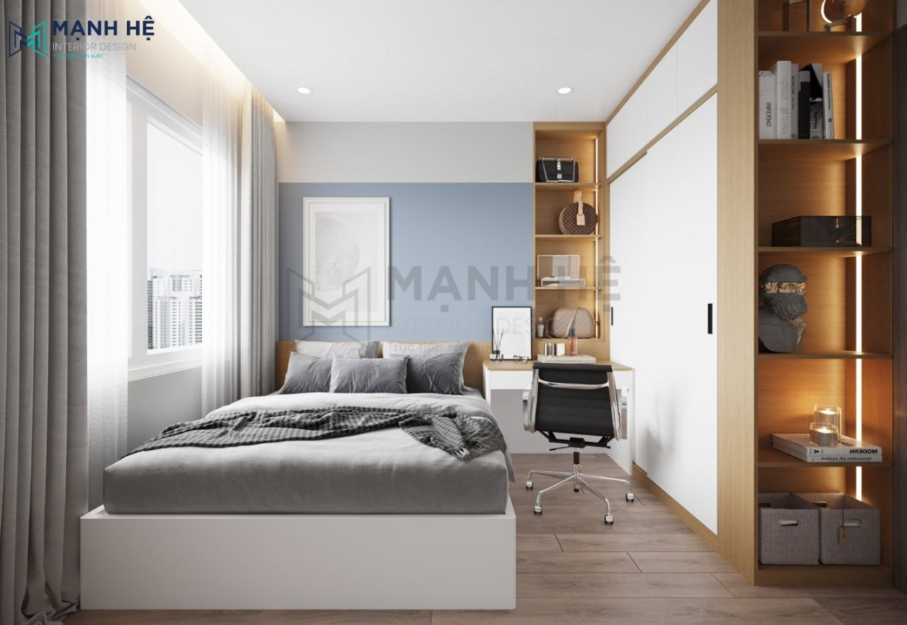 Thiết kế nội thất phòng ngủ thông minh với giường ngủ dạng bục có hộc kéo cho gai chủ không gian lưu trữ thoải mái hơn
