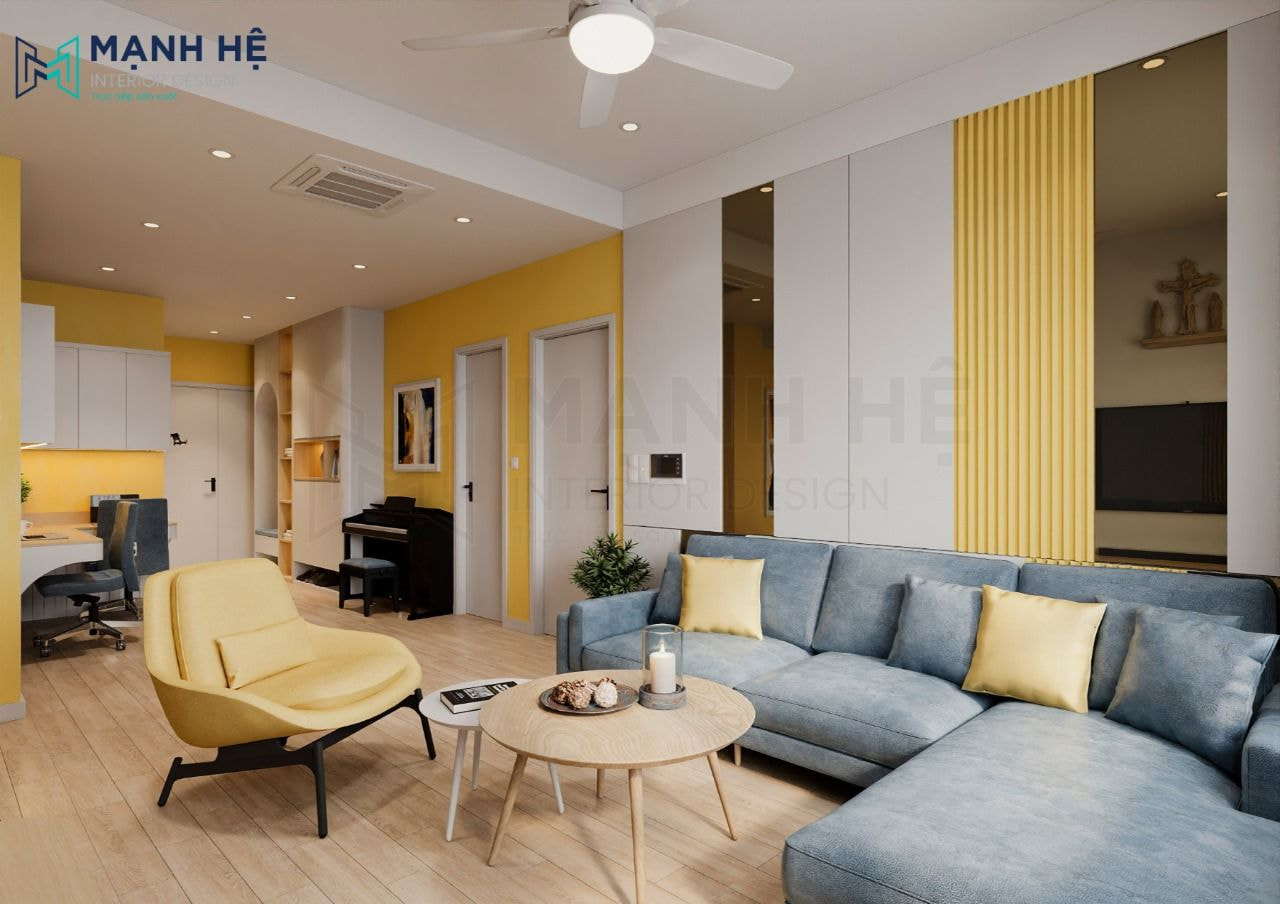 Phòng khách căn hộ 72m2 phong cách hiện đại với gam màu vàng tươi mát