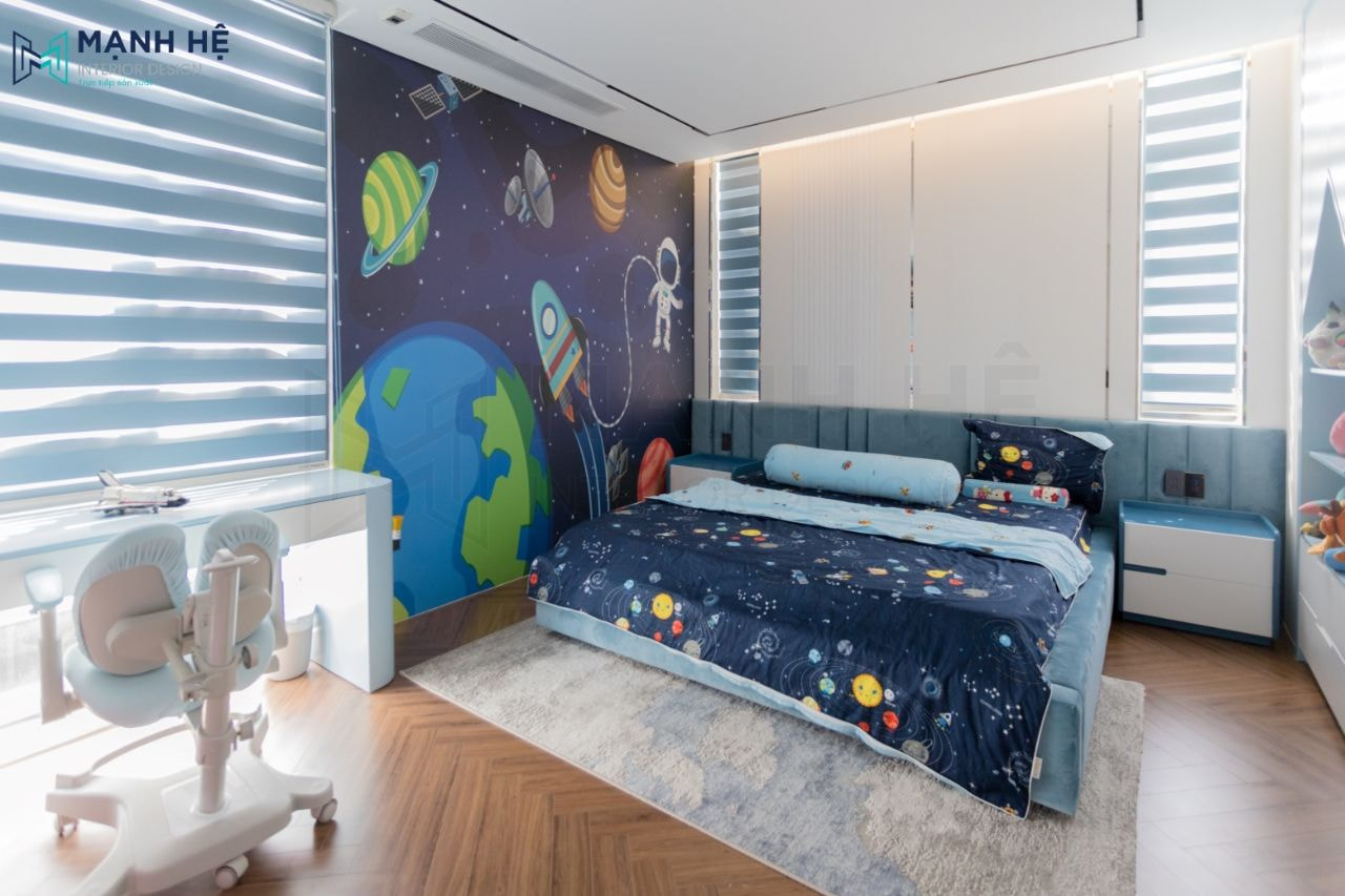 Không gian phòng ngủ bé trai màu xanh năng động