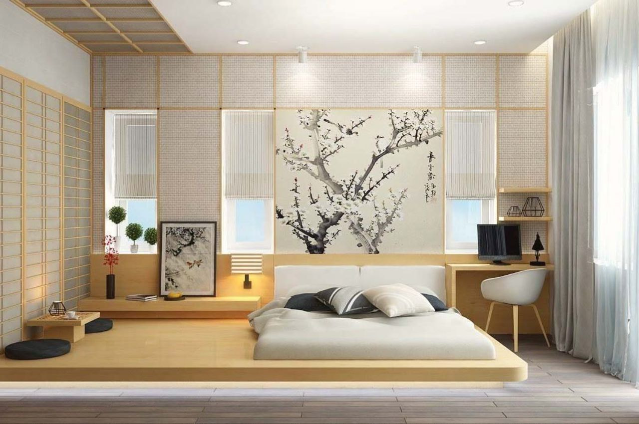 Phòng ngủ căn hộ phong cách Nhật Bản nên được thiết kế giường ngủ dạng bục để tăng tính thẩm mỹ cao