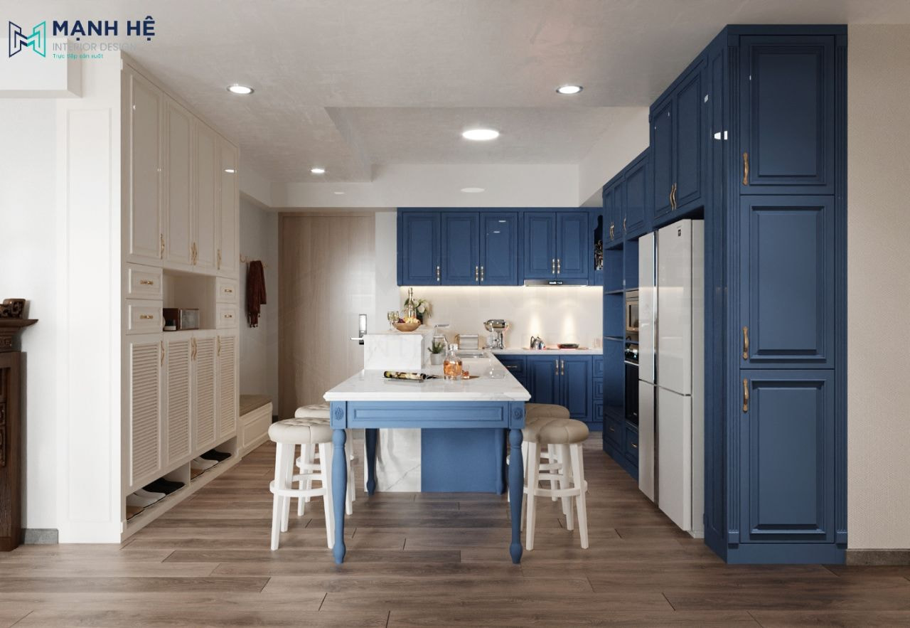 Tổng thể không gian phòng bếp với gam màu trắng chủ đạo kết hợp màu xanh nổi bật