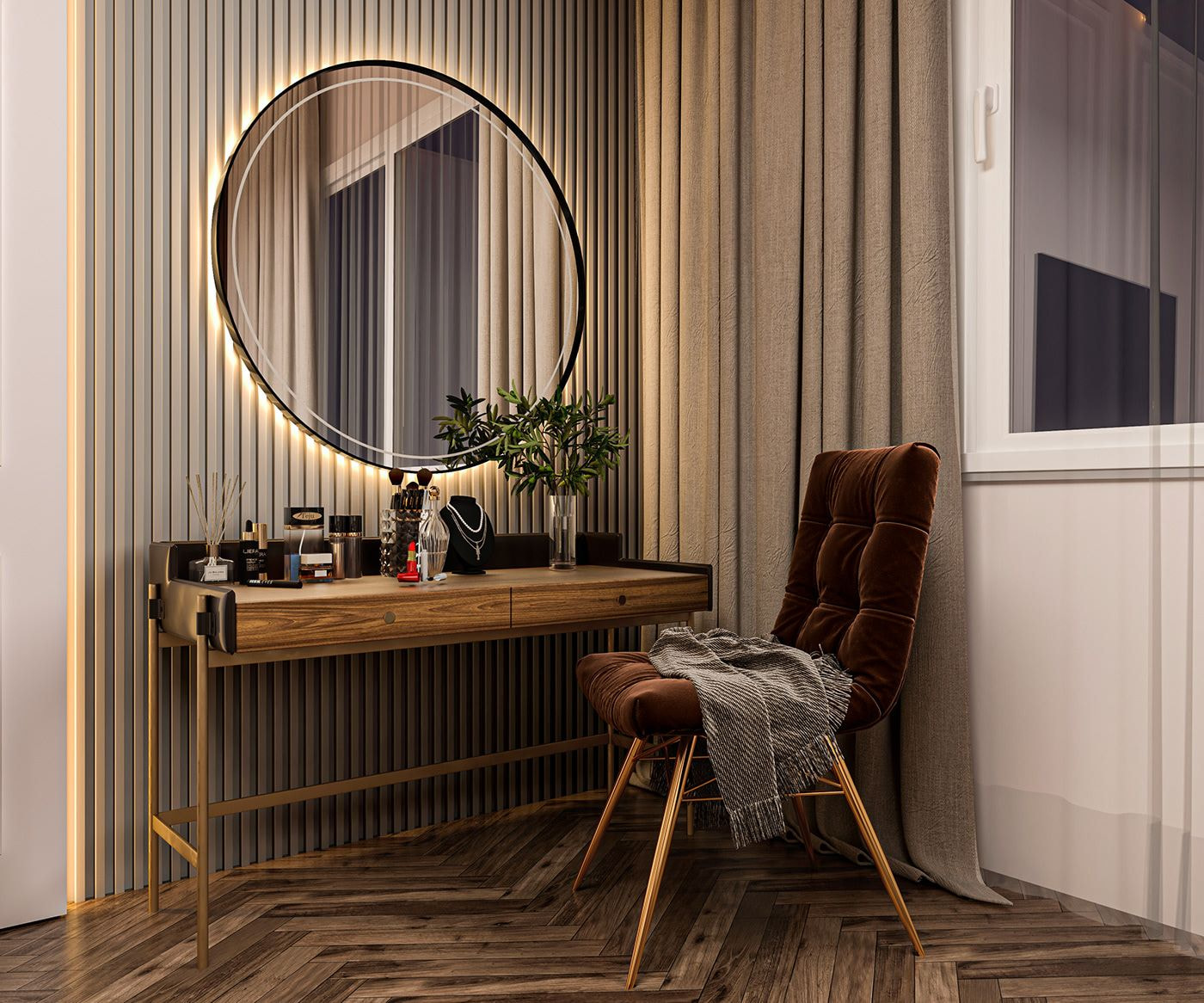 Mẫu 1: Bàn trang điểm gỗ óc chó khung chân sắt mạ vàng