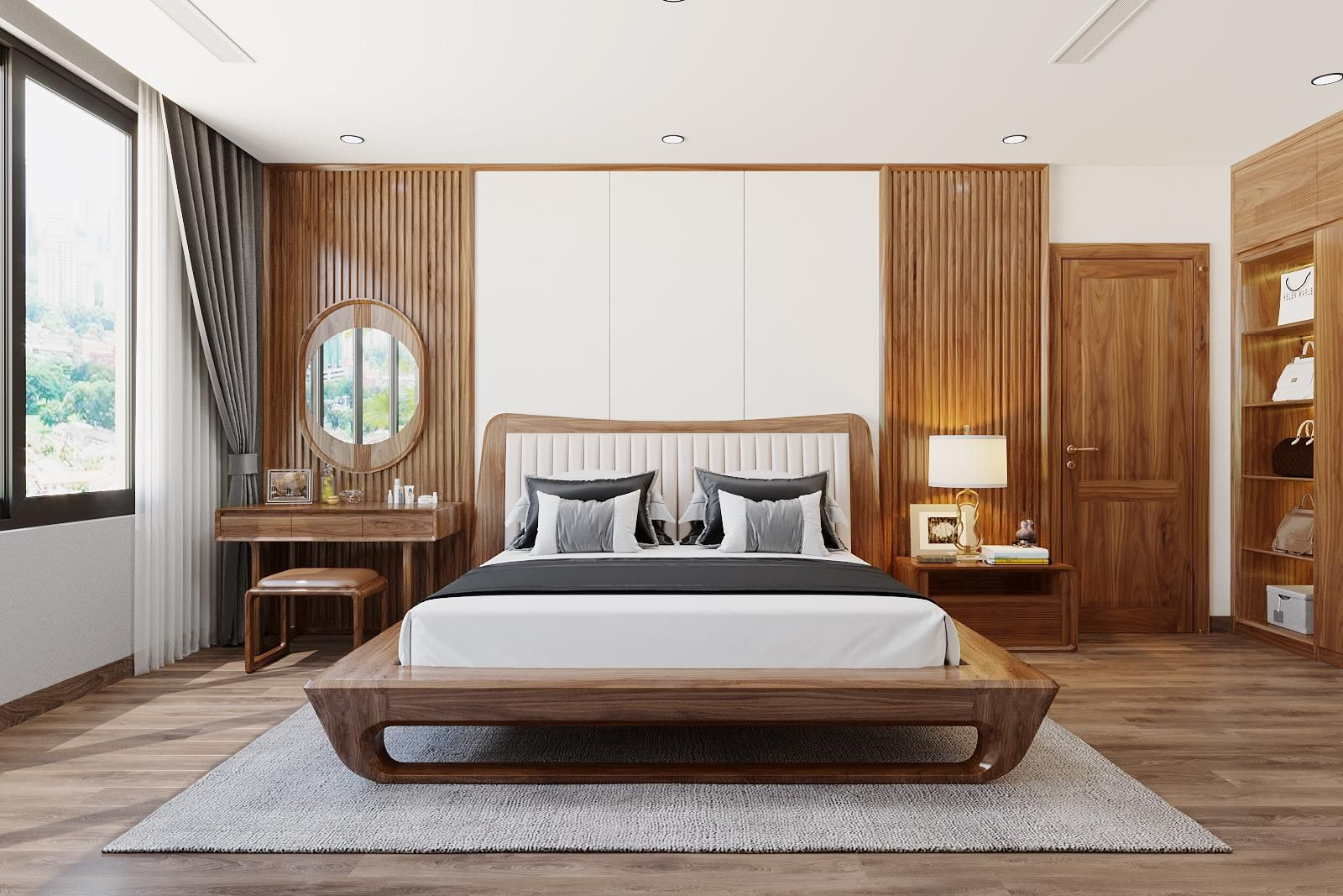 Mẫu 2: Bàn trang điểm tích hợp vào vách ốp tường đầu giường