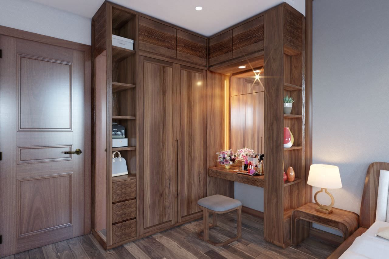 Mẫu 6: Tích hợp bàn trang điểm vào tủ quần áo gỗ óc chó