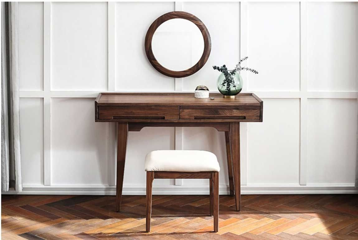 Mẫu 10: Sự thanh mảnh, giản dị đến từ thiết kế chân bàn kết hợp ghế ngồi giúp bàn trang điểm gỗ óc chó thêm thu hút hơn