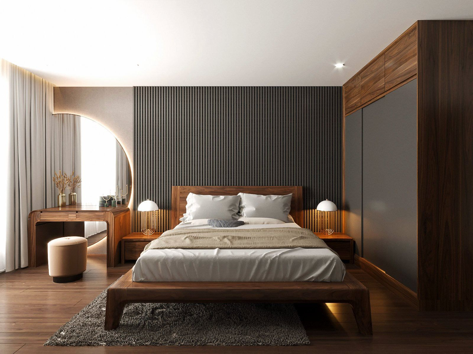 Mẫu 15: Điểm nhấn độc đáo từ thiết kế gương hình trăng khuyết cùng ghế đôn màu trắng cho bàn trang điểm