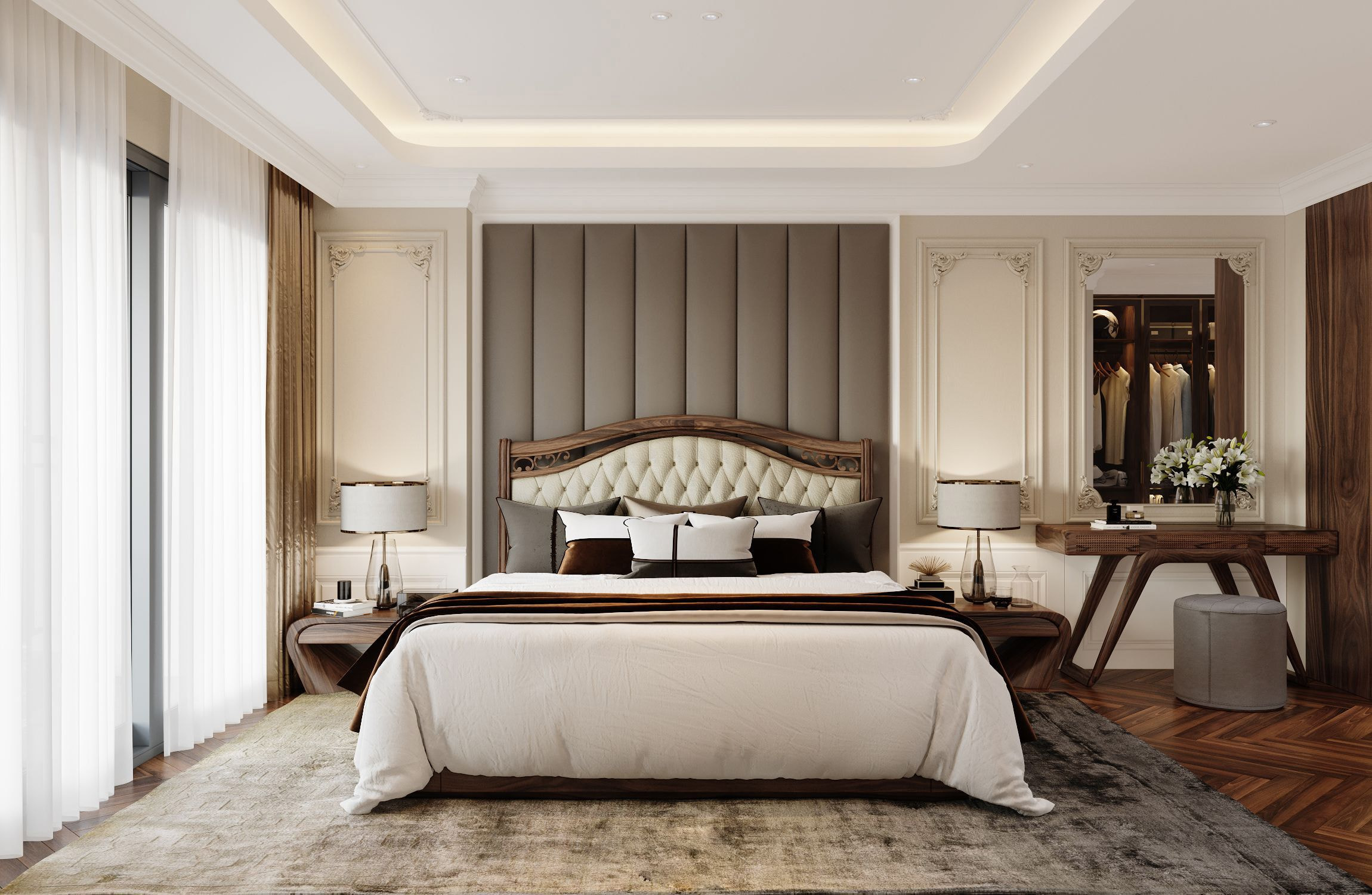 Mẫu 16: Phong cách tân cổ điển nhẹ nhàng giúp tăng thêm sự thu hút cho bàn trang điểm gỗ óc chó