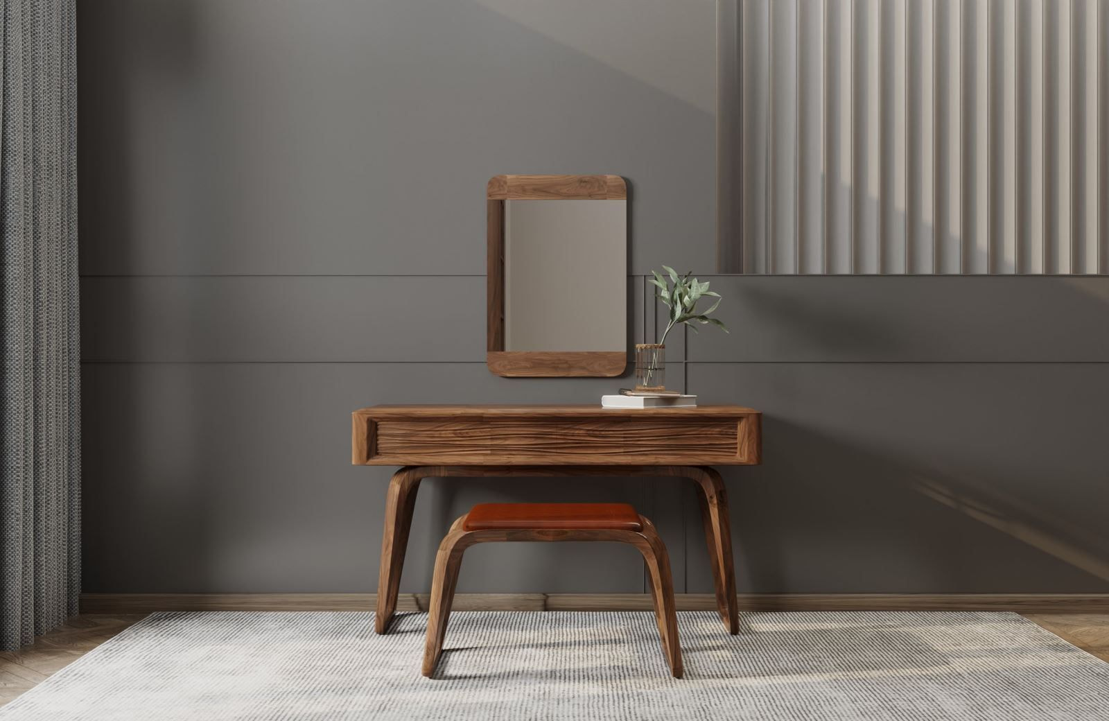 Mẫu 17: Thiết kế dạng hình vuông linh hoạt cho trọn bộ bàn trang điểm từ gỗ tự nhiên (óc chó)