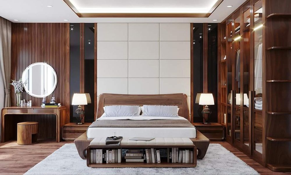 Mẫu 19: Kết hợp các đường rãnh cho bàn trang điểm gỗ óc chó thêm độc đáo, đồng bộ với nội thất toàn phòng