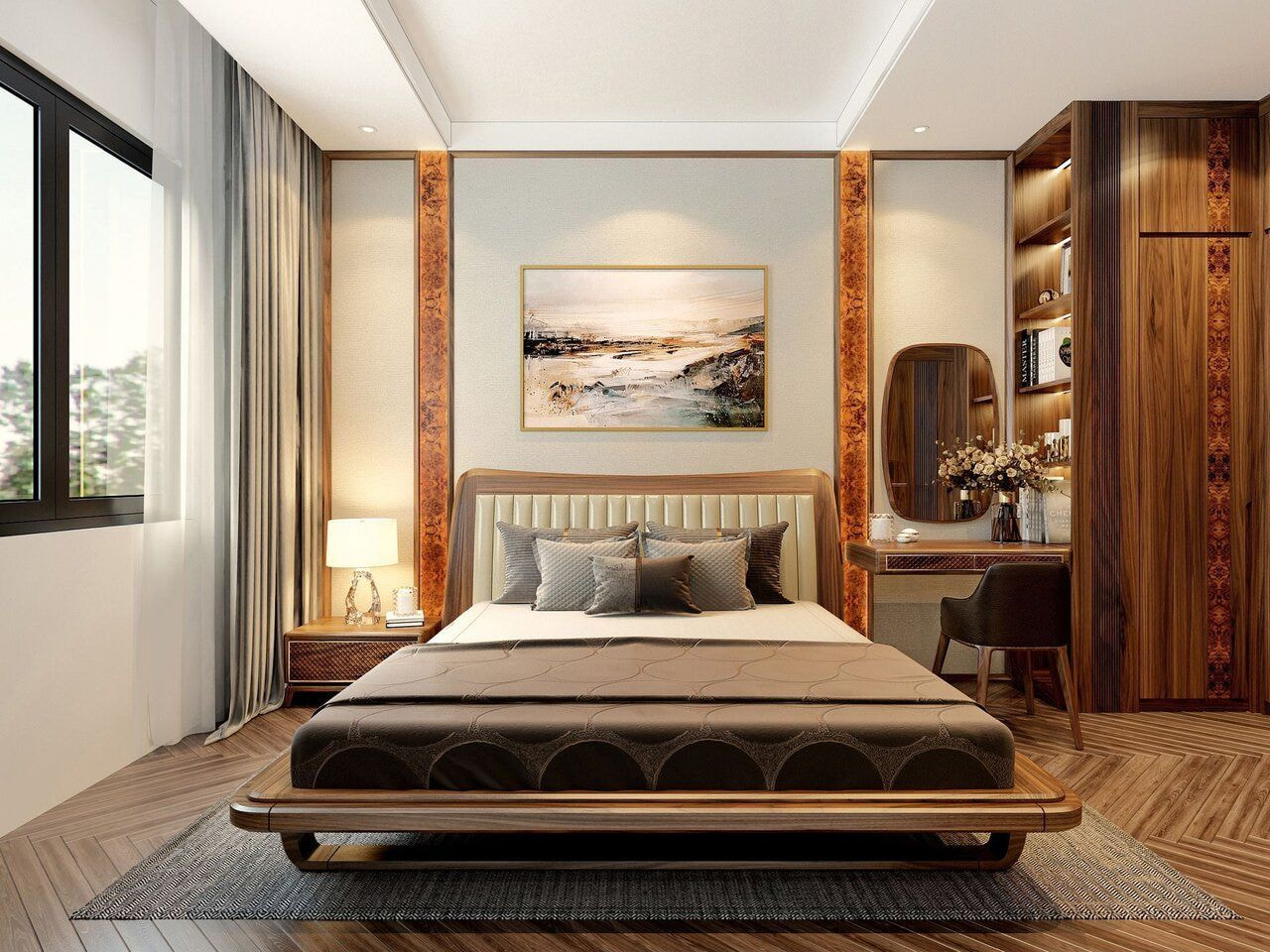 Mẫu 21: Tích hợp bàn trang điểm vào kệ trang trí