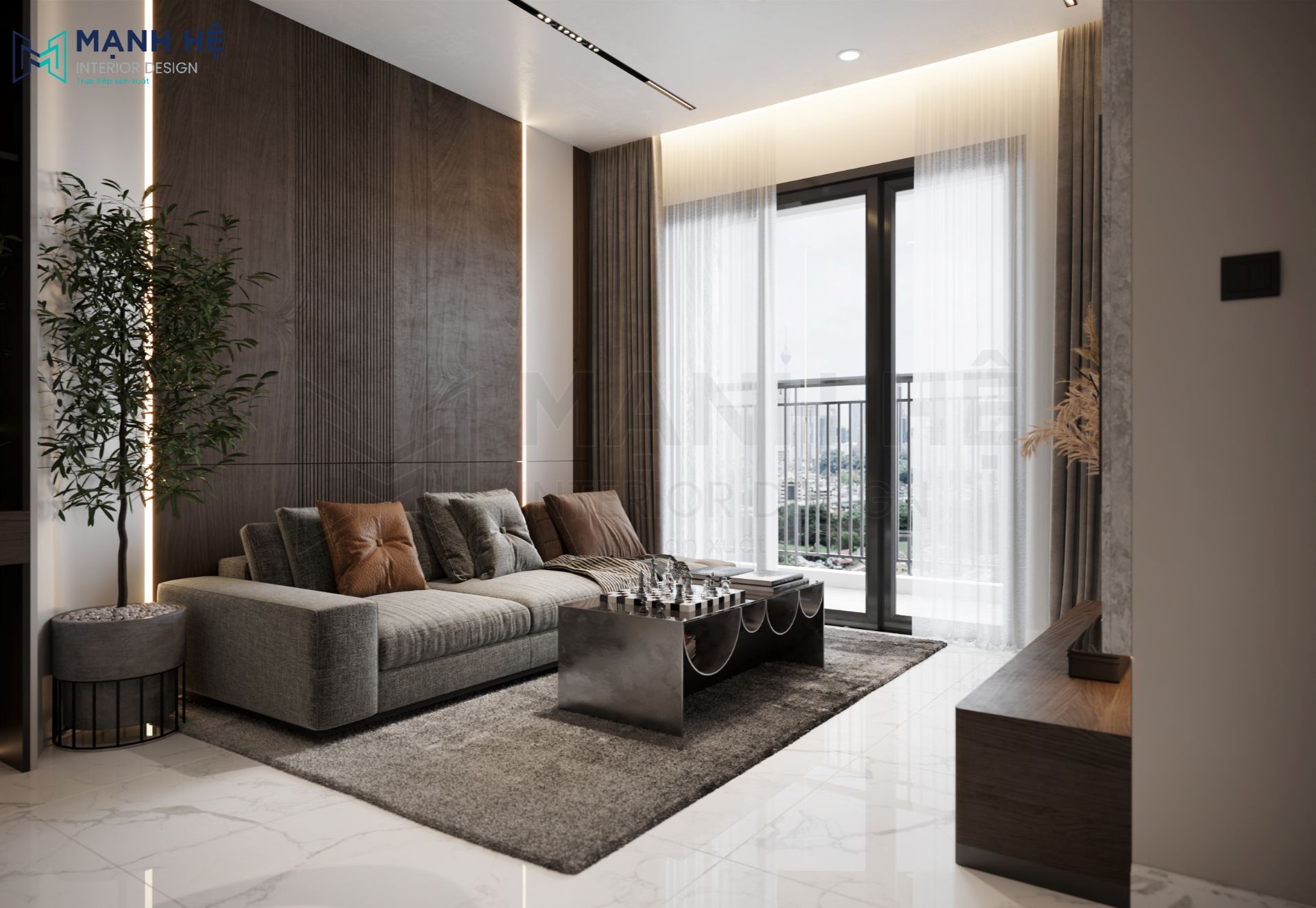 Sử dụng vách ốp tường gỗ MDF để trang trí tạo điểm nhấn độc đáo cho phòng khách
