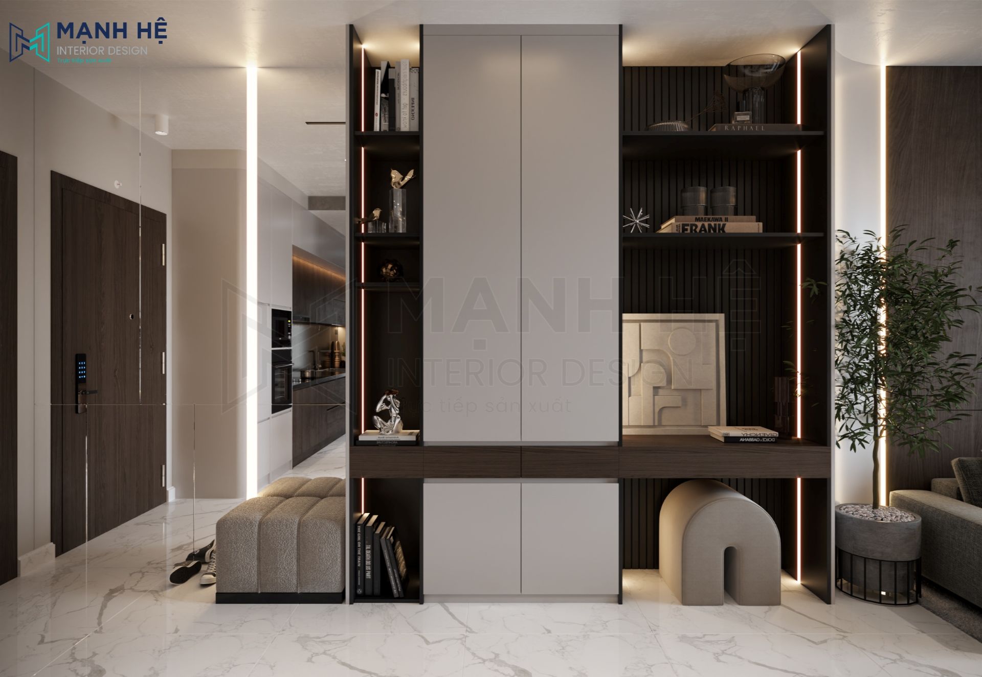 Tận dụng hệ tủ trang trí thiết kế đóng mở làm vách ngăn và bàn đọc sách hiệu quả