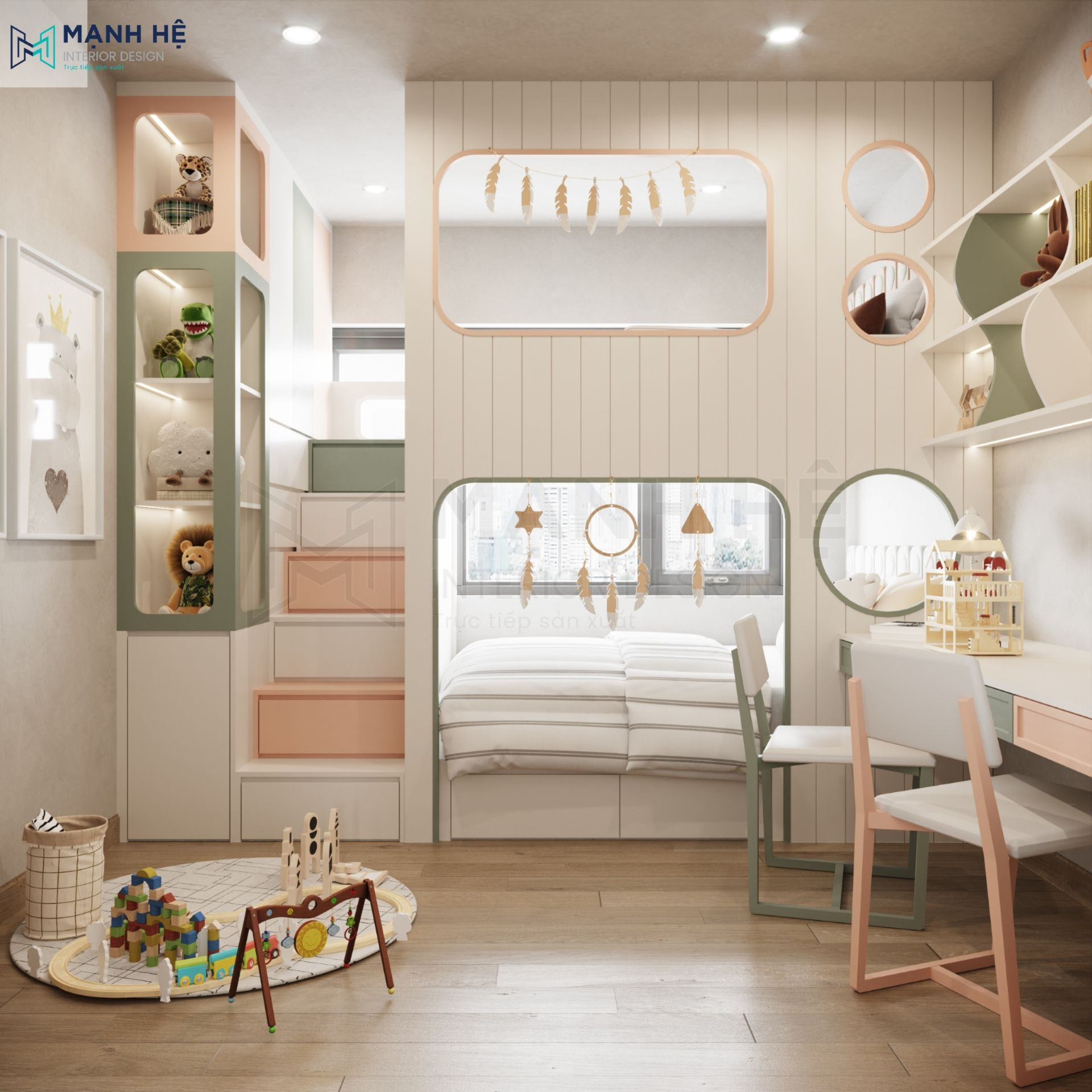Giường tầng được thiết kế với cầu thang lấy xuống phối màu xanh - cam - trắng xen kẽ