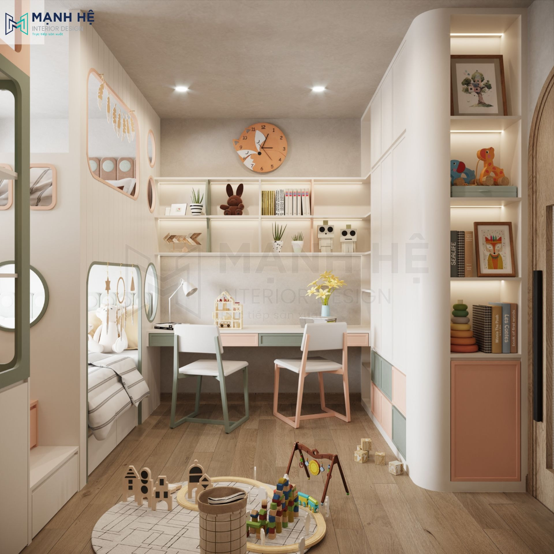 Bàn học và tủ sách treo tường bắt ngang tủ quần áo và giường ngủ