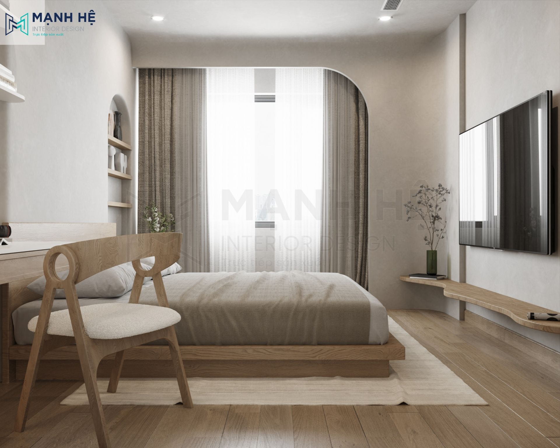 Mẫu giường không gầm gỗ công nghiệp phong cách Wabi Sabi