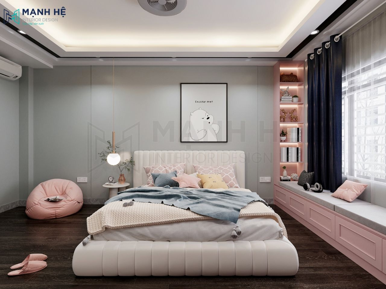 Thiết kế nội thất phòng ngủ màu hồng cho bé gái dễ thương