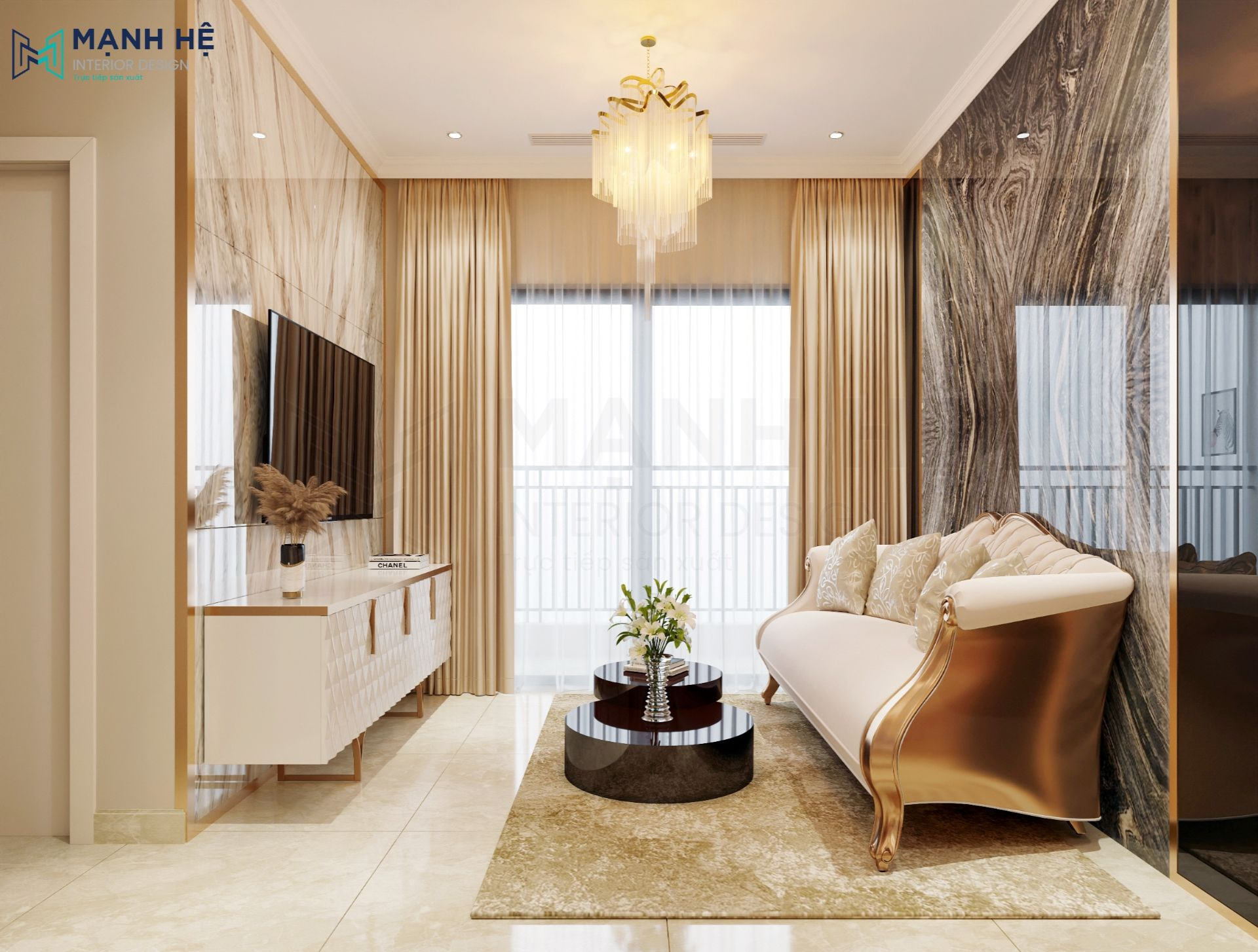 Tổng thể không gian phòng khách sang trọng, đẳng cấp theo phong cách luxury