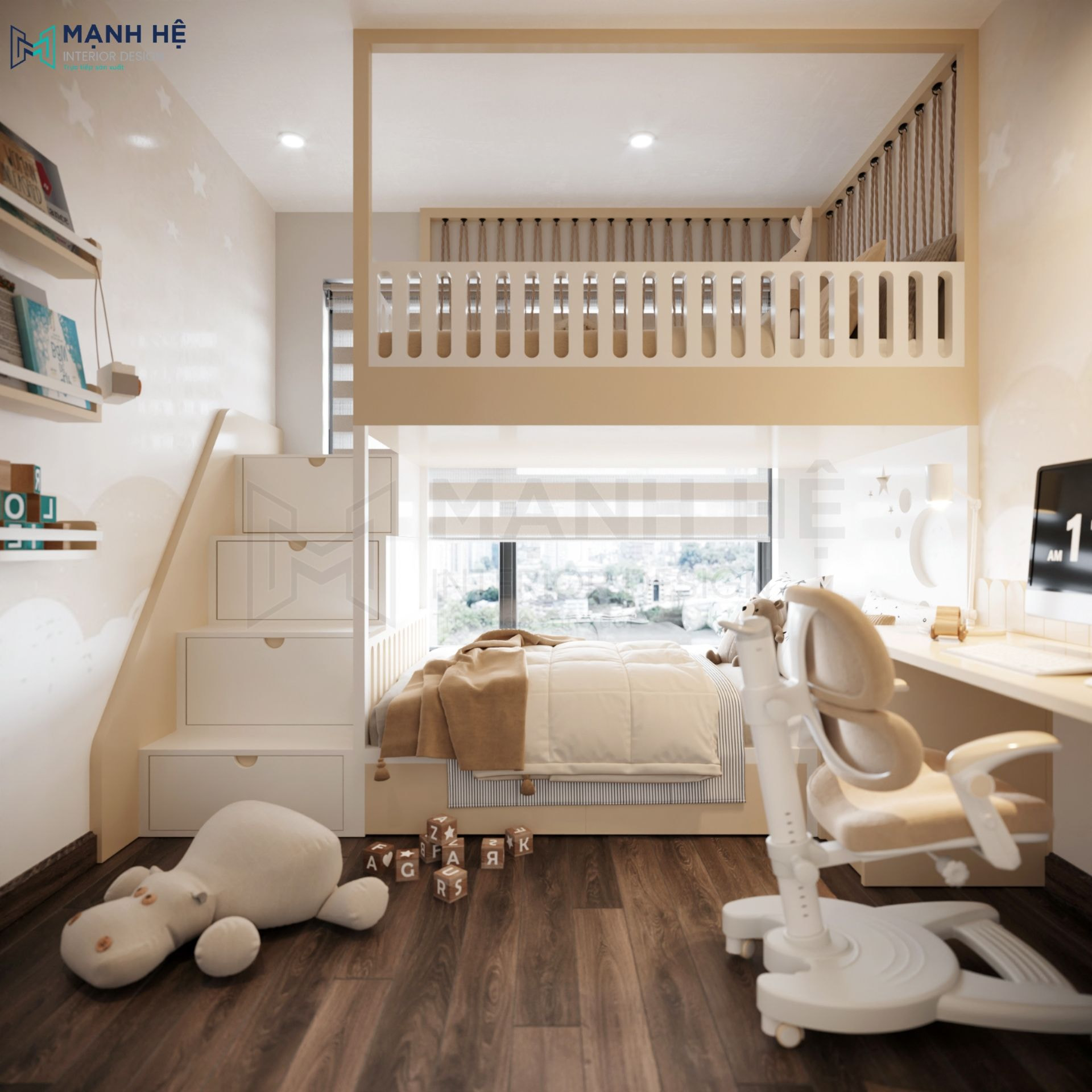 Với thiết kế giường 2 tầng giúp tối ưu không gian phòng ngủ có diện tích nhỏ, vừa đủ cho 2 bé sinh hoạt thoải mái
