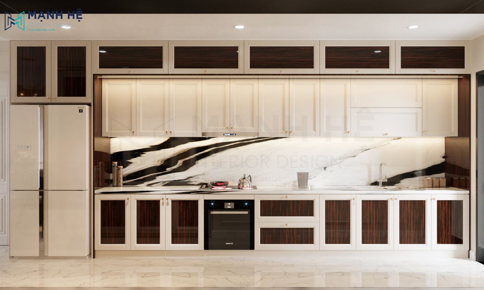 Hệ tủ bếp chữ I cao đụng trần từ gỗ tự nhiên bền - đẹp thể hiện đẳng cấp của gia chủ