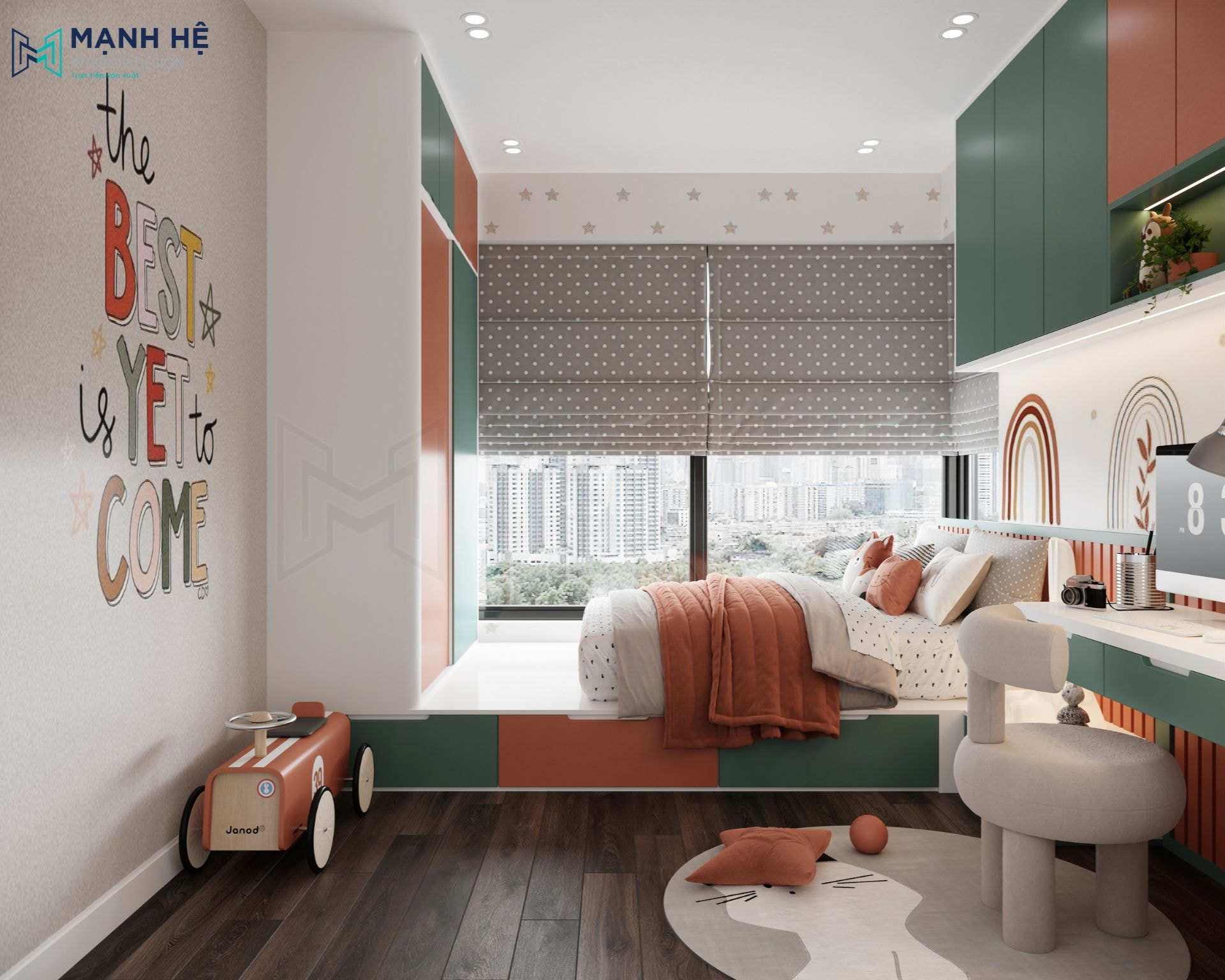 Phòng ngủ bé với giường ngủ có 2 ngăn hộc phối màu cam - xanh