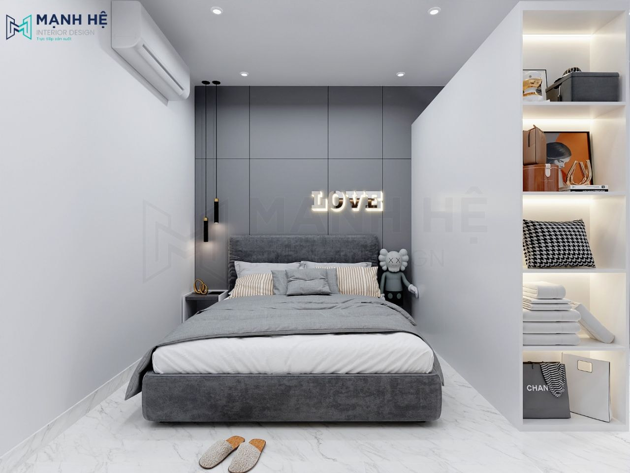 Phòng ngủ tông màu xám tro hiện đại, thanh lịch và sang trọng
