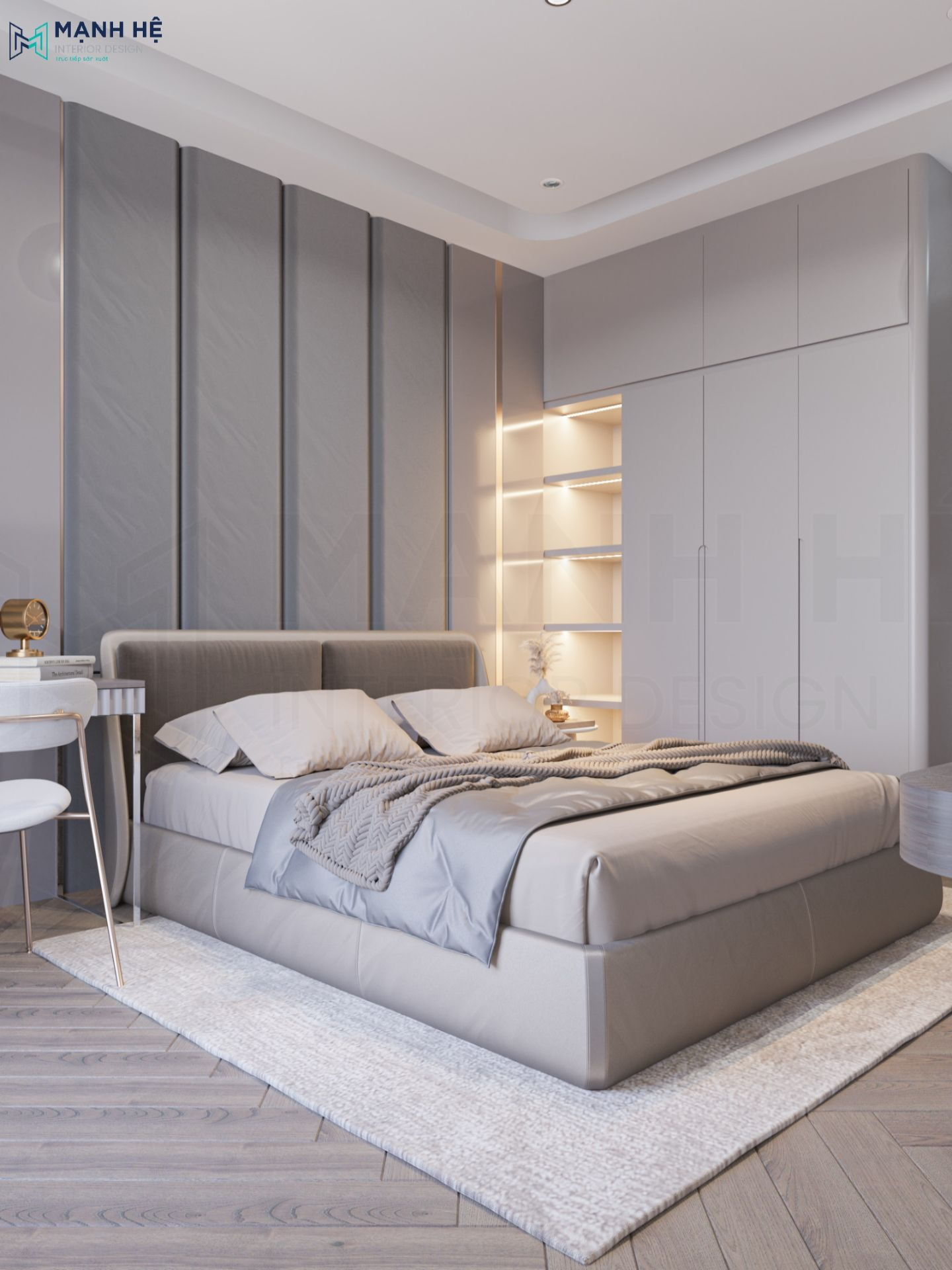 Vách tường đầu giường được cách điệu rất bắt mắt