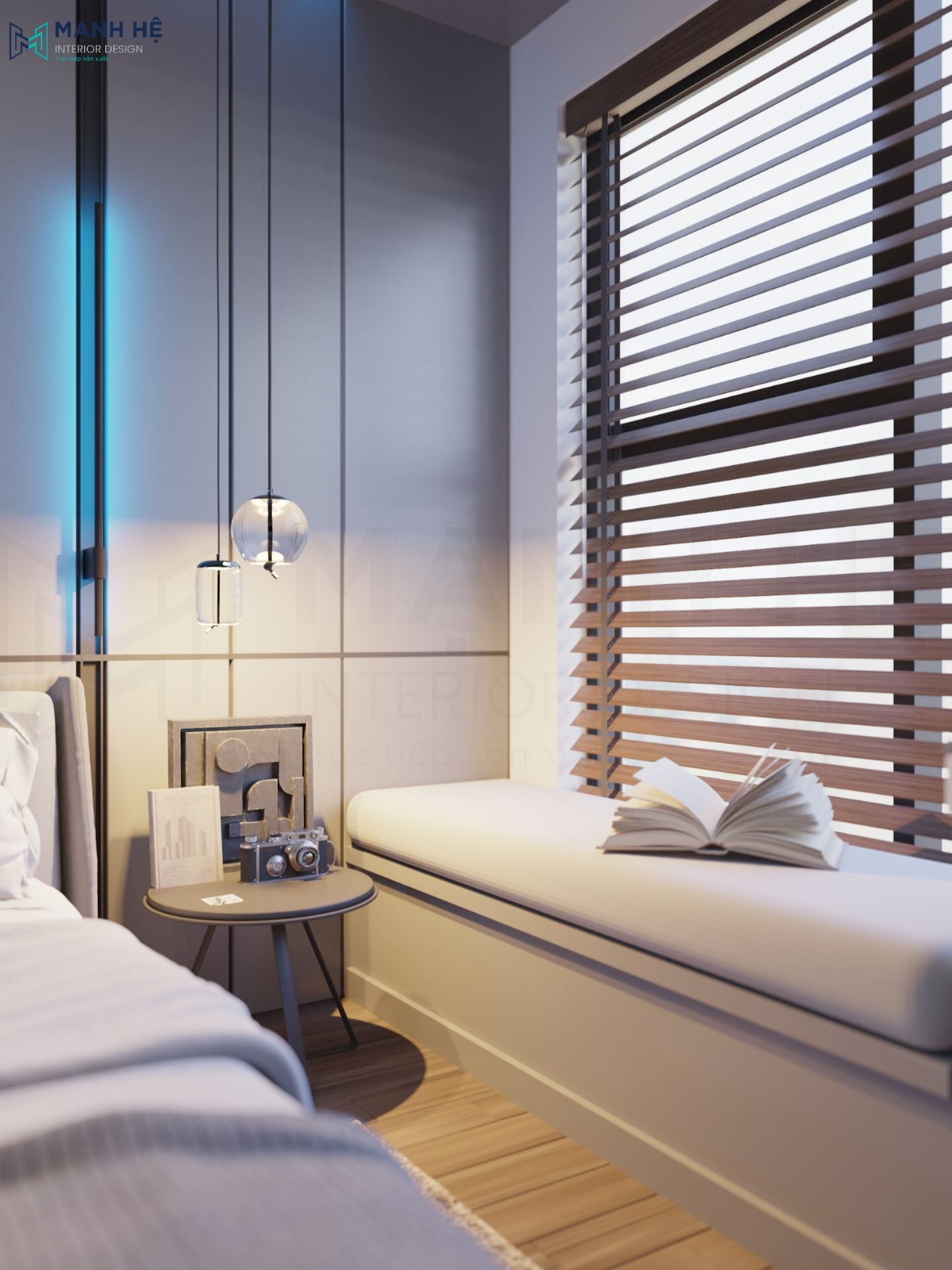 Bố trí bục ghế ngồi chữ I cạnh cửa sổ làm nơi thư giãn