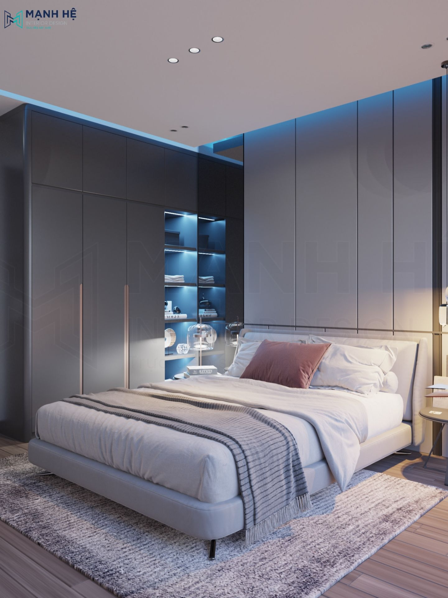 Hệ tủ quần áo cánh mở kết hợp kệ trang trí gắn led