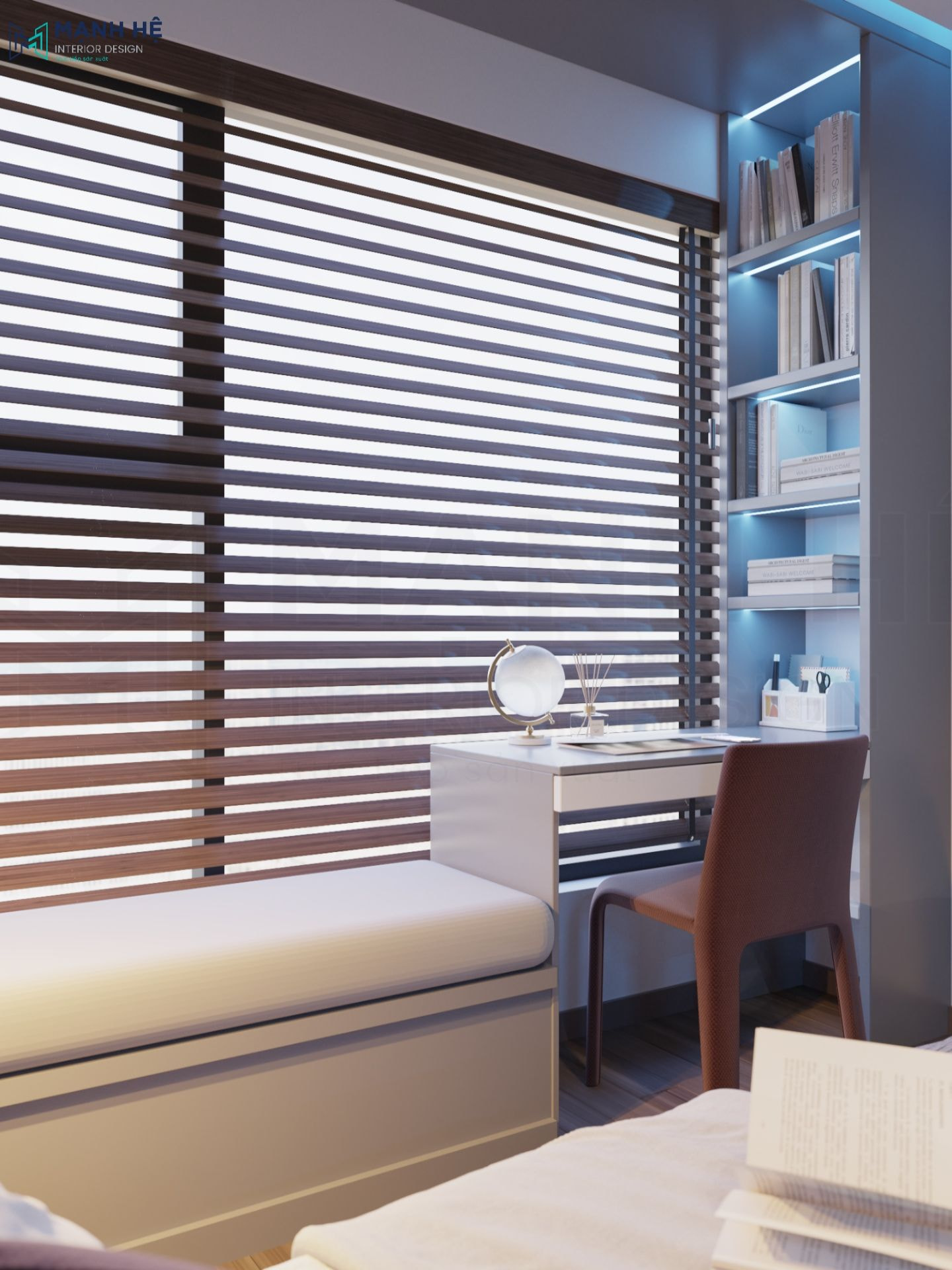 Thêm bàn làm việc và kệ tủ sách