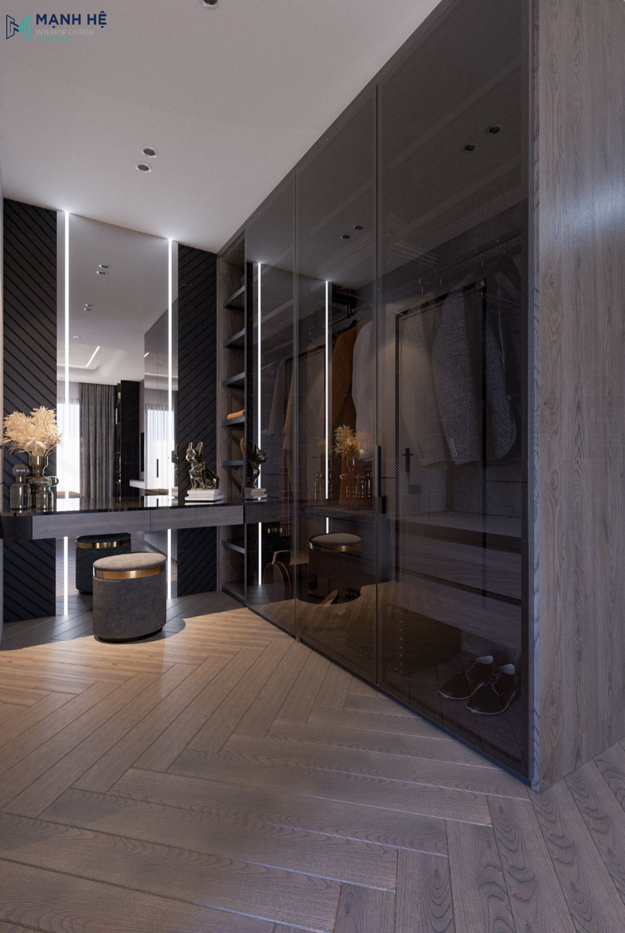 Sử dụng hệ tủ áo cánh kính và bàn trang điểm gắn led