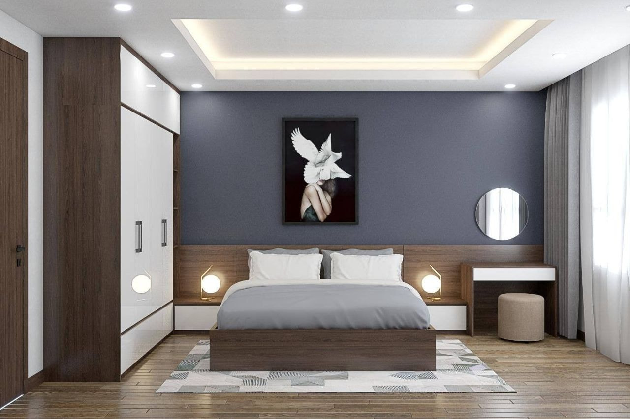 Trần thạch cao phòng ngủ master đơn giản kết hợp tranh treo tường độc đáo giúp căn phòng sang trọng, hút mắt người nhìn