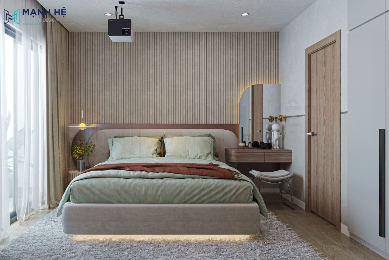 Các nan gỗ được ốp phía tường đầu giường để cách điệu mảng tường trống