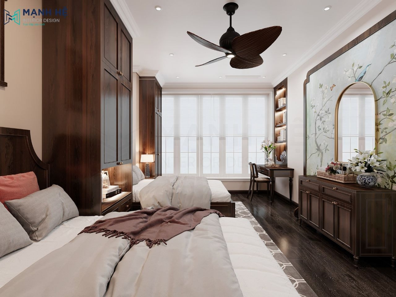 Phòng ngủ 01 này được sử dụng cho khách đến chơi nhà với 2 giường đôi cùng một số nội thất khác