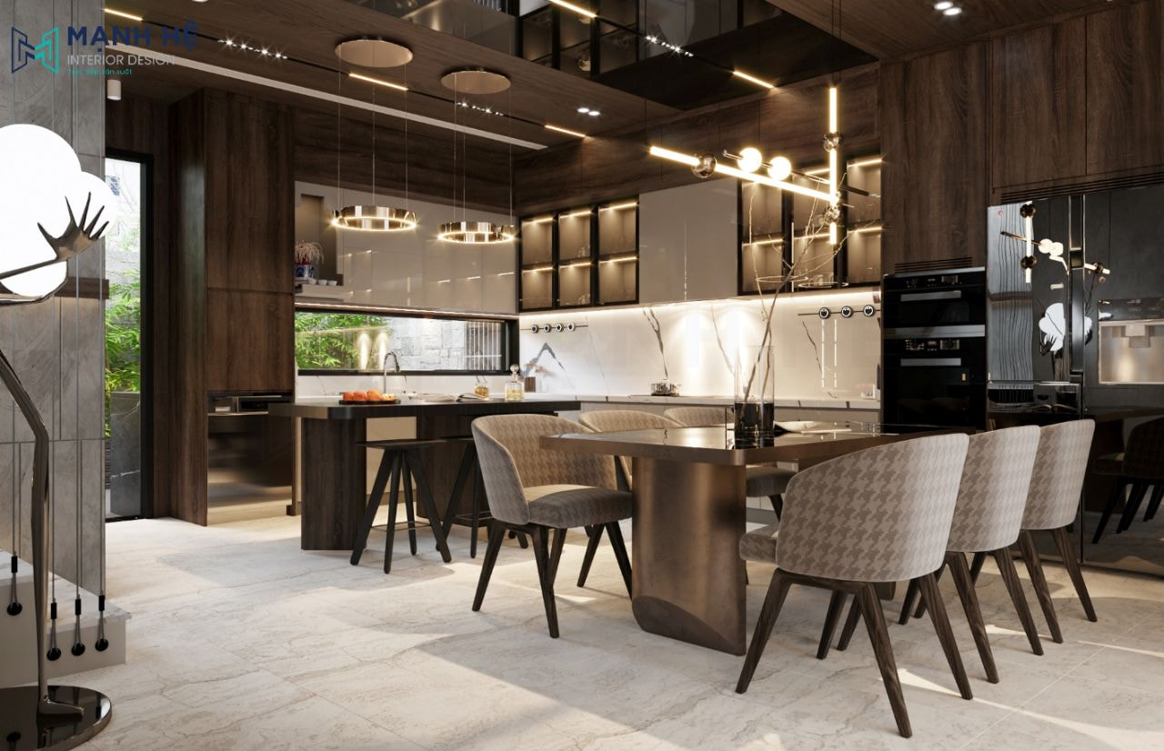 Bộ bàn ăn 6 ghế đặt chính giữa phòng khách và phòng bếp