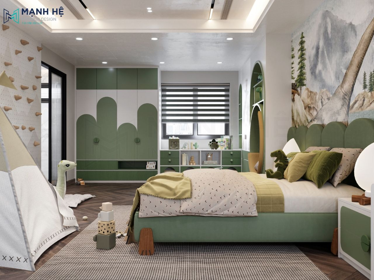 Hệ tủ quần áo nối liền tủ sách và kệ trang trí