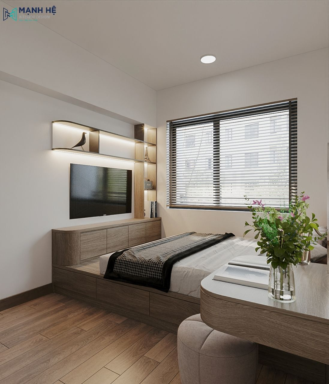 Kệ tivi nối liền kệ tủ trang trí được tích hợp chung vào giường bục