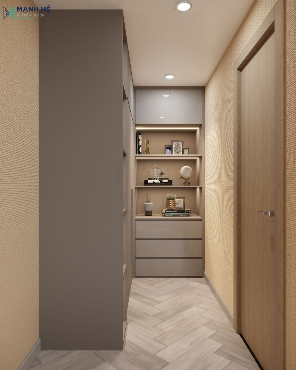 Hệ tủ quần áo chữ L cao đụng trần đặt sát góc tường