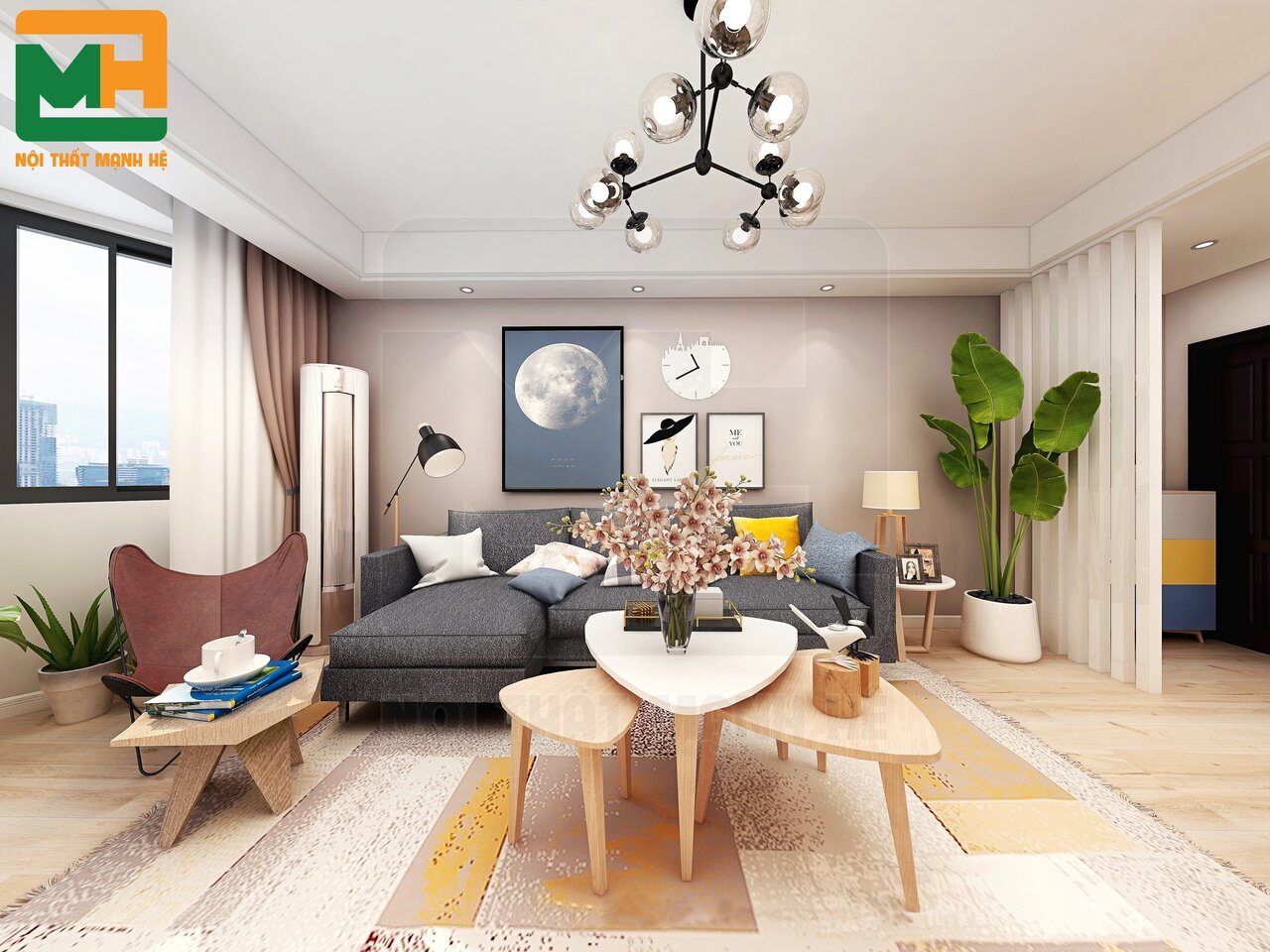 trang trí phòng khách cho căn hộ 55m2
