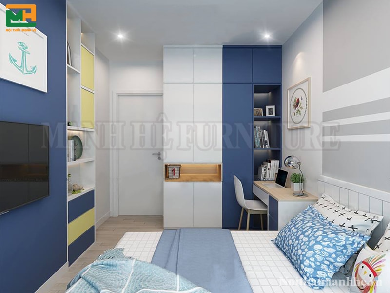 thiết kế phòng ngủ cho bé trai màu xanh