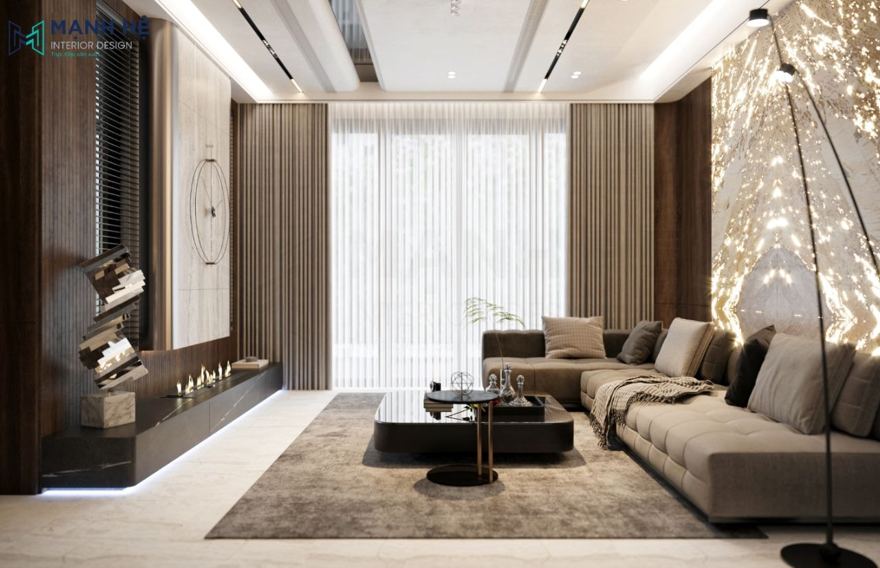 Bàn trà và ghế sofa đặt ở vị trí trung tâm phòng khách kết hợp thảm lót