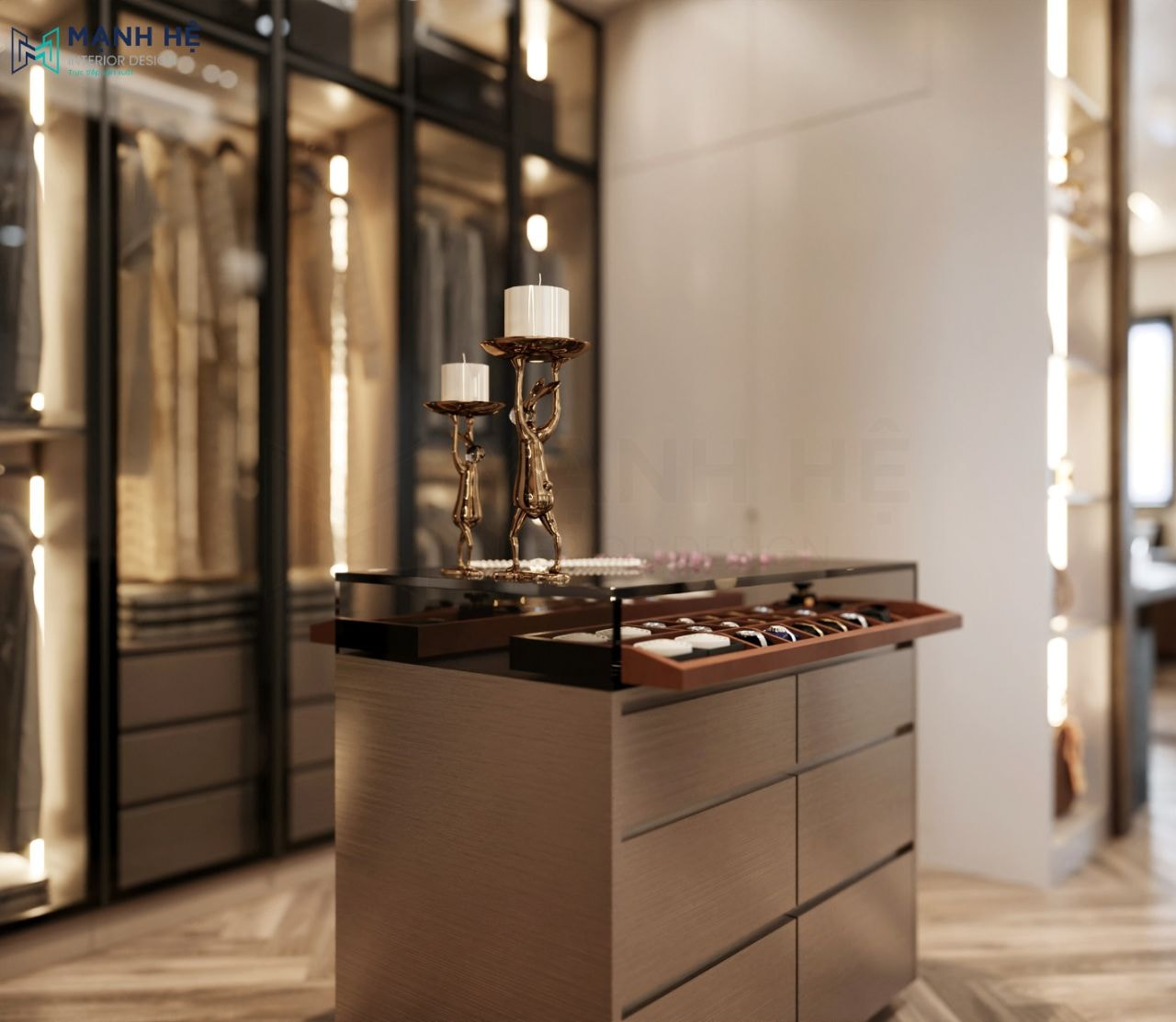 Tủ đựng đồ trang sức được đặt chính giữa không gian